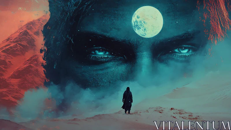 Moonlit desert wanderer under colossal cosmic gaze.