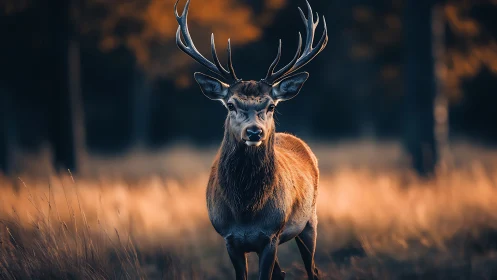 Majestic stag in golden meadow at dusk, cinematic focus.