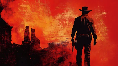 Lone cowboy strides through a burning sunset frontier.