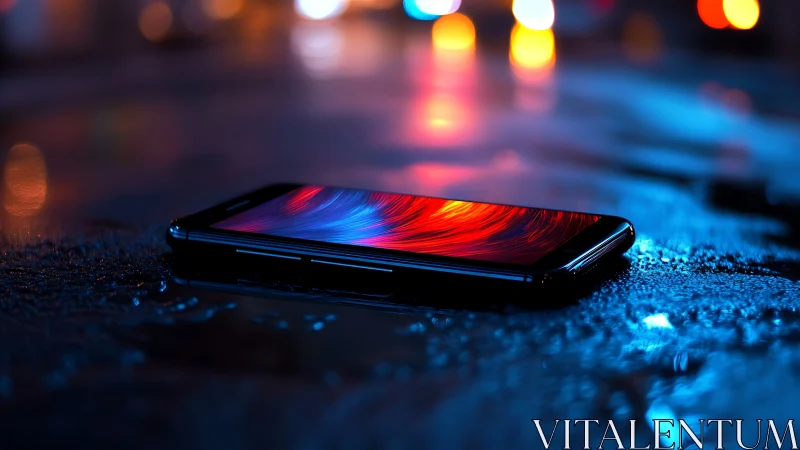 Smartphone displaying fluid red-blue gradient wallpaper on wet surface