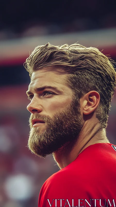 Bearded athlete portrait in stadium light with shallow focus.
