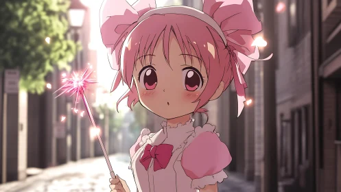 Pink haired magical girl holding wand in city street.
