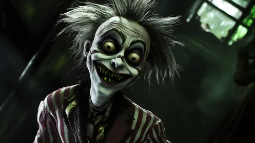 Playfully creepy trickster grinning in a ghostly hallway.