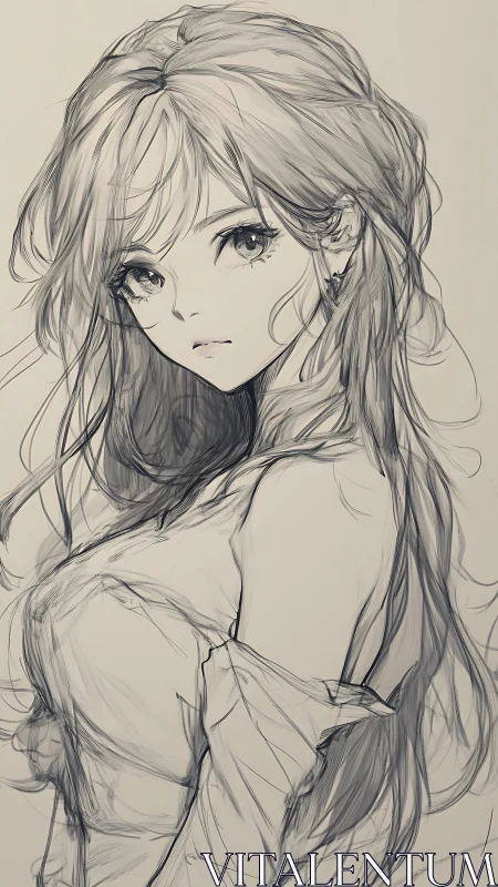 Softly sketched anime girl with gentle eyes and flowing hair.