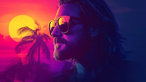 Bearded man with sunglasses stands before neon sunset sky