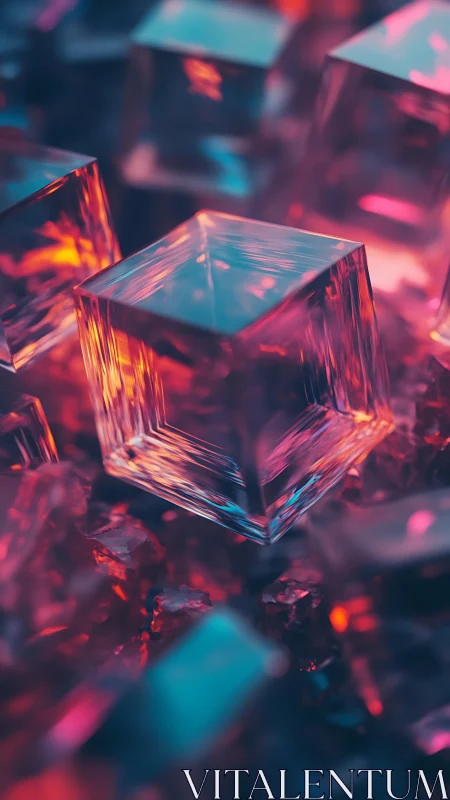 Iridescent crystal cubes in neon cyan magenta bokeh field.