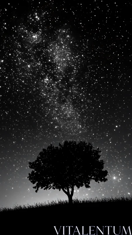 Quiet hillside tree rests beneath a wide shimmering night sky