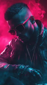 Neon-lit cyberpunk portrait of man in leather and chains