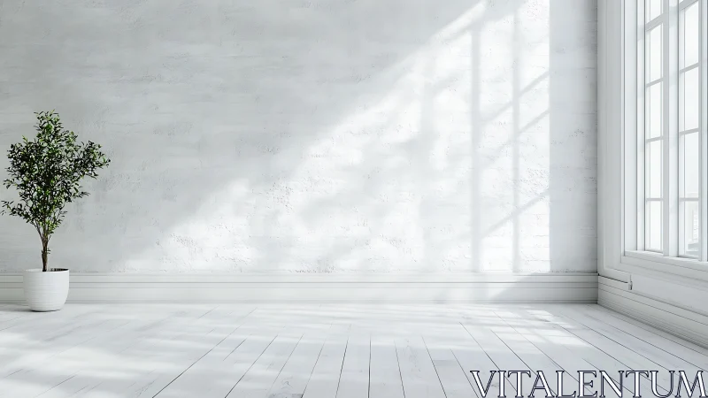 Minimalist white interior with potted plant and strong window light