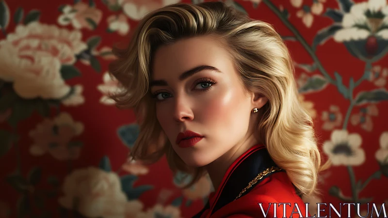 Blonde portrait contrasts vivid floral red wallpaper.
