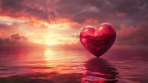 Crystalline Heart Floating Over Sunset Waters