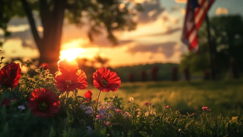 Sunset-kissed poppies hold quiet vigil beneath soft flags