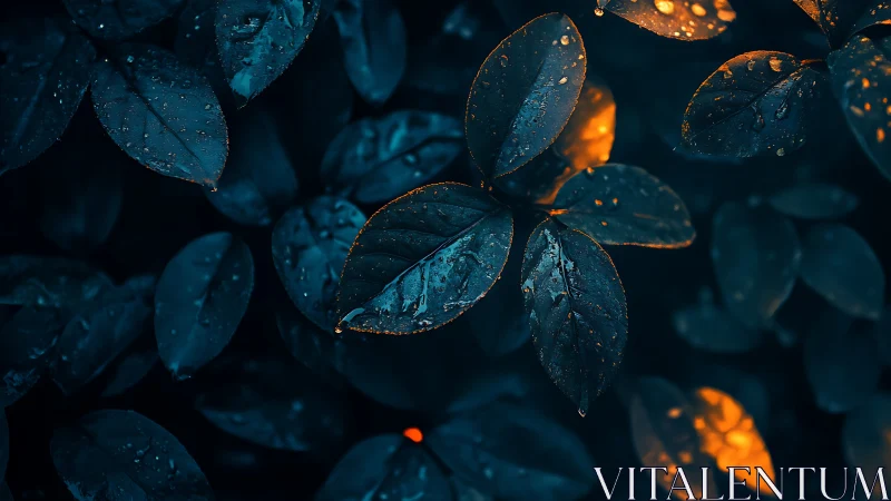 Moody macro foliage with cool teal shadows and warm rim lighting