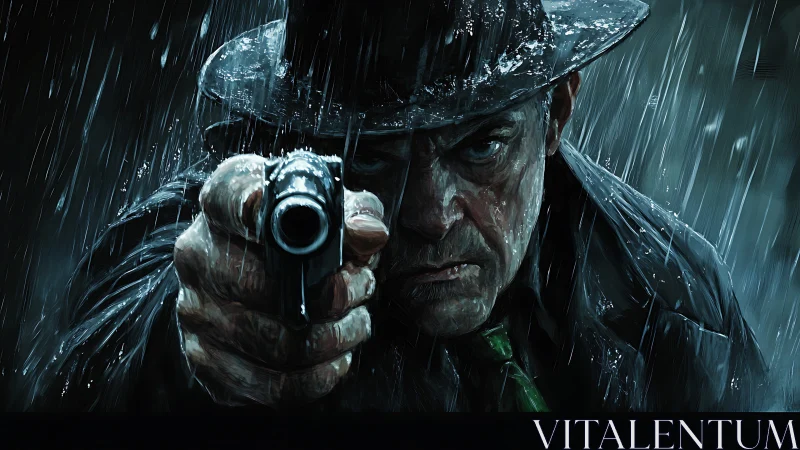 Noir gunman in torrential rain with cinematic close focus.