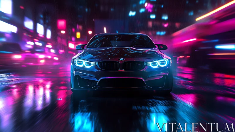 Sport sedan under neon city lights in rainy night street.