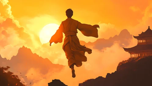 Monk in flowing robes strides through a blazing mountain sunset.