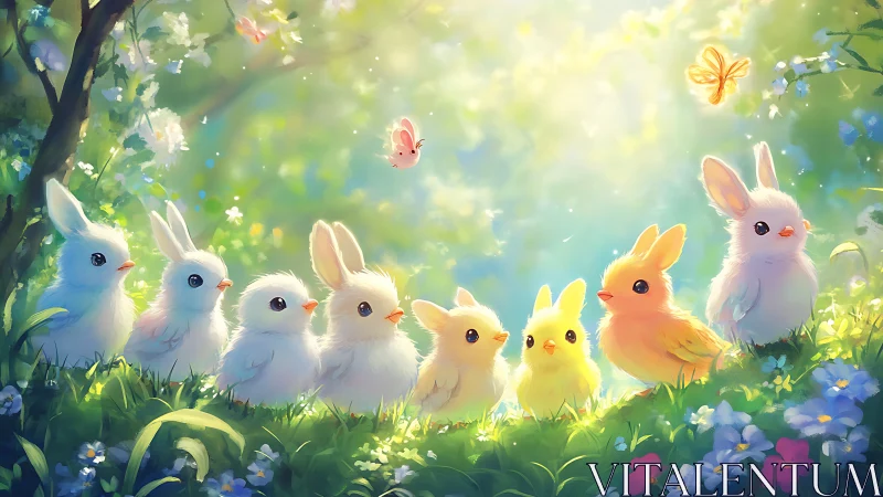 Row of rabbits and chicks in sunlit forest clearing.