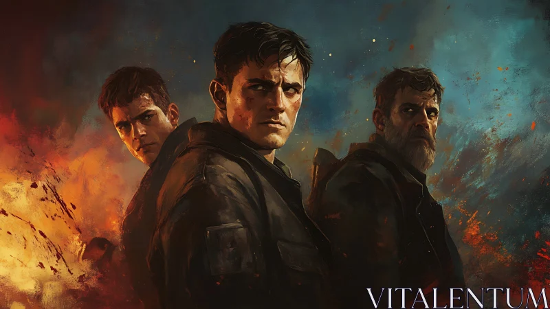 Three male figures stand in front of a fiery abstract background