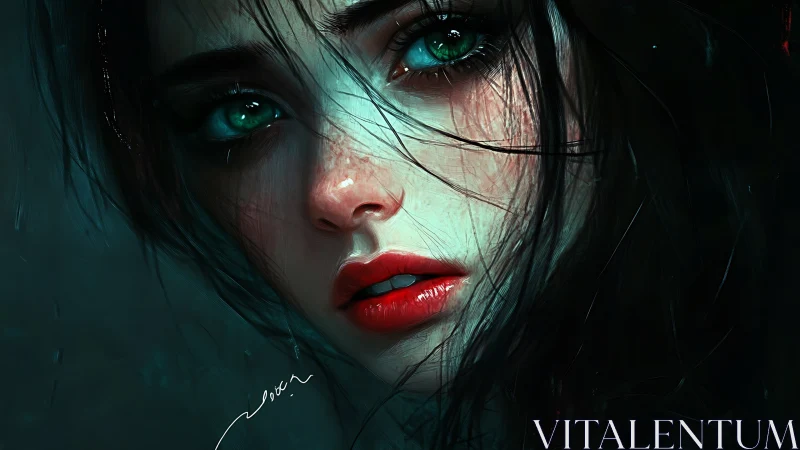 Close digital portrait of young woman with teal lighting.