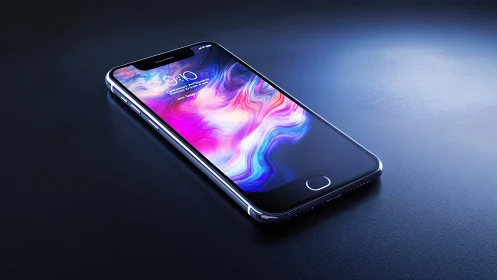 Smartphone displaying fluid gradient wallpaper on reflective surface.