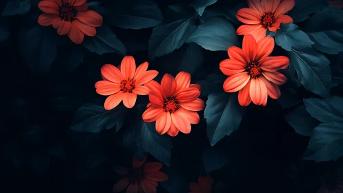 Red daisies against dark background with foliage.