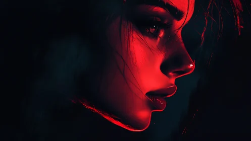 Red side-lit female profile in dark digital portrait.
