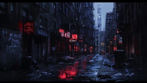 Rain-soaked cyberpunk alley with neon signage and wet asphalt
