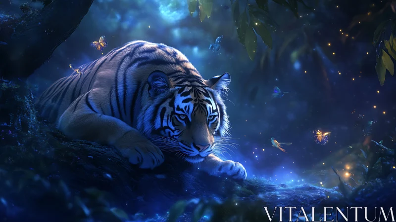 Tiger rests in glowing bioluminescent forest nightscape.