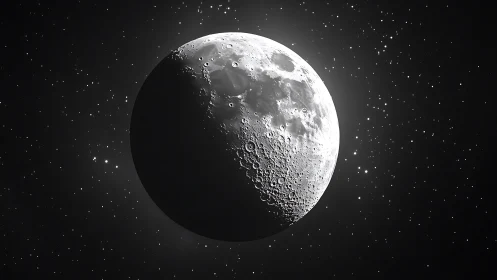 Moon drifts in quiet starlight, revealing detailed craters