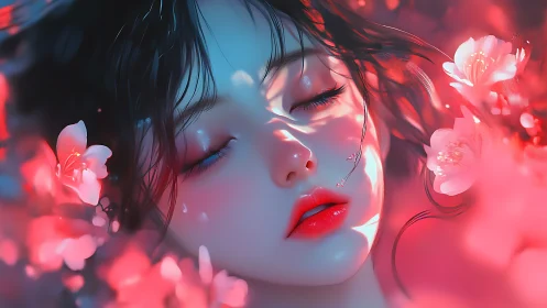 Digital painting portrait with floral bokeh and luminous shadows.