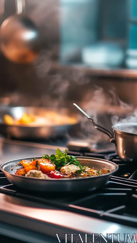Shallow depth view of vegetables cooking in metal pan on stove.