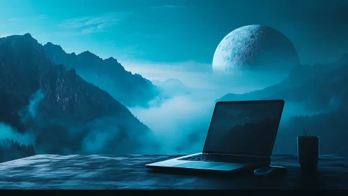 Ultrawide laptop workspace facing fogged mountains and moon