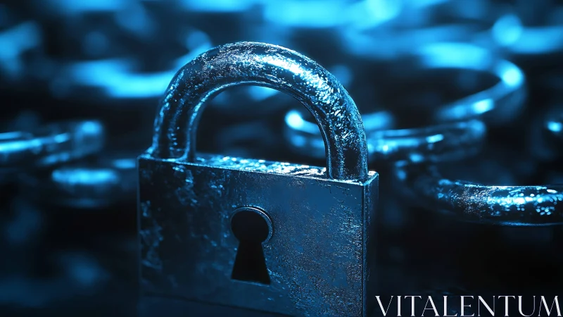 Steel padlock guards encrypted chain under neon blue light.