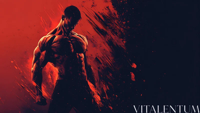 Muscular warrior silhouette bursts through red brushstroke chaos
