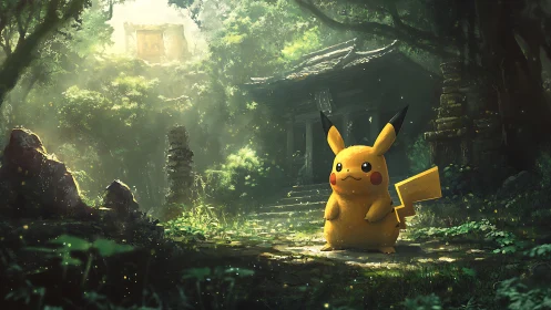 Pikachu explores a mossy forest shrine in soft morning light.