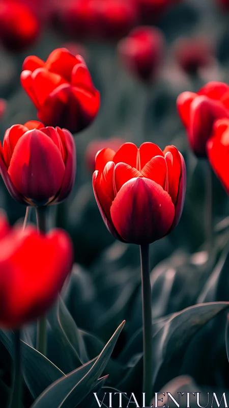 Vivid Red Tulips in Close Focus with Shallow Depth.
