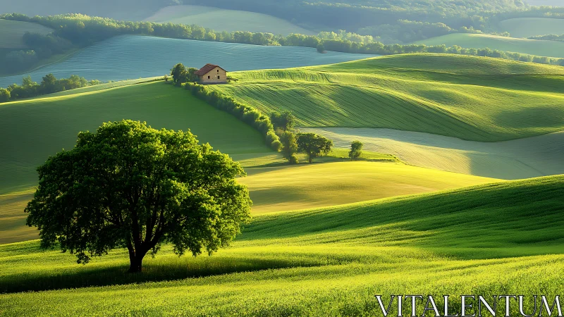 Sunlit green hills with lone farmhouse and foreground tree.