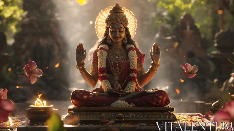 Divine goddess sculpture seated in lotus amid temple light.