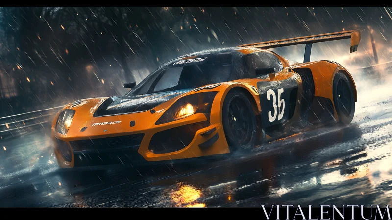 Aerodynamic GT prototype slicing through wet circuit apexes.