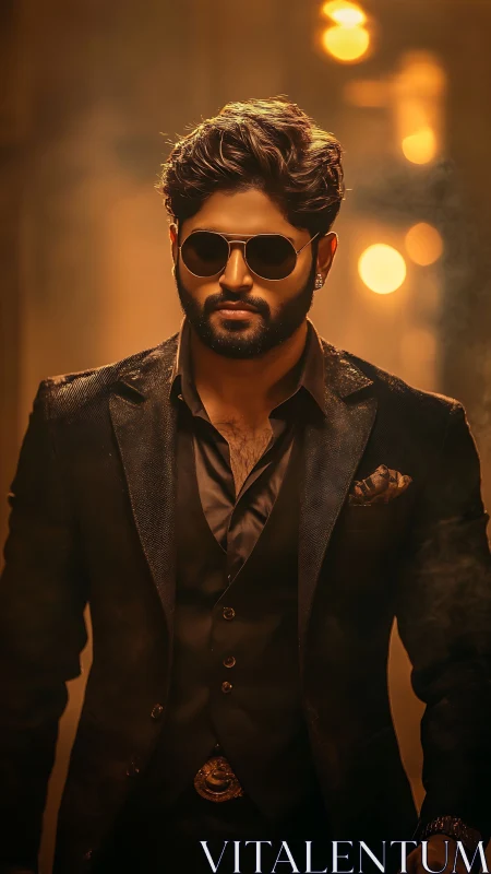 Man in dark formal suit with sunglasses in warm bokeh scene.