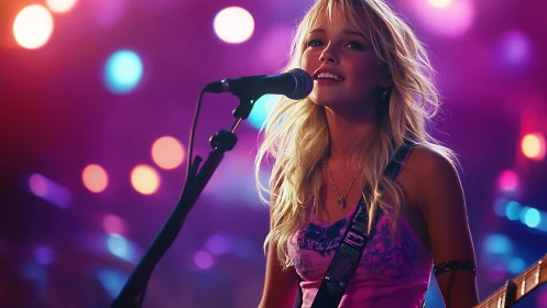 Stage-lit vocalist with electric guitar in bokeh-saturated spectrum.