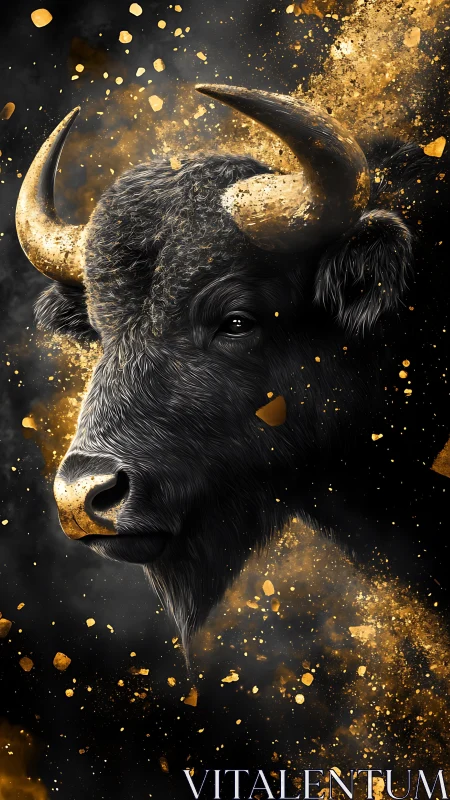 Midnight bull crowned in shimmering golden dust.