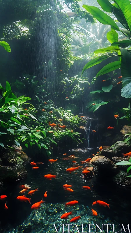 Dense jungle pond with orange fish under soft waterfall light.