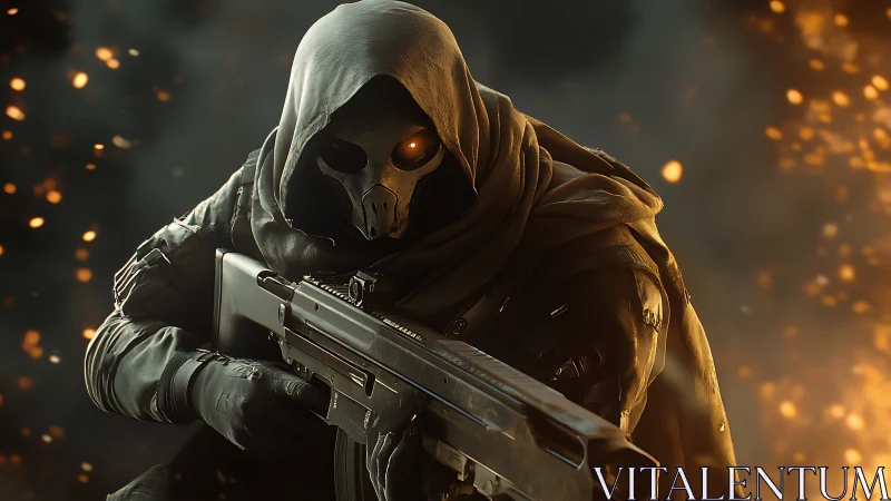 Hooded skeletal soldier with rifle amid floating embers.