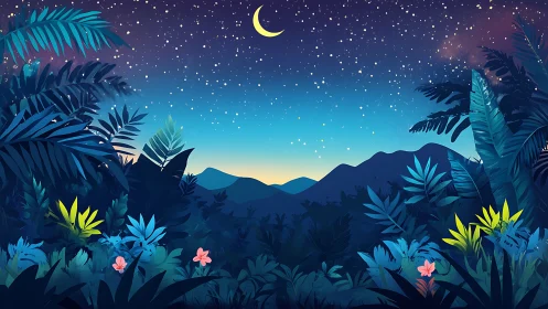 Stylized tropical foliage frames distant hills under night sky