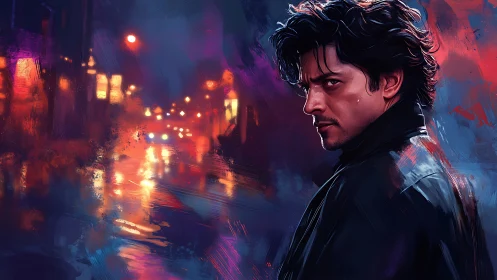 Brooding man in neon-soaked night street portrait painting.