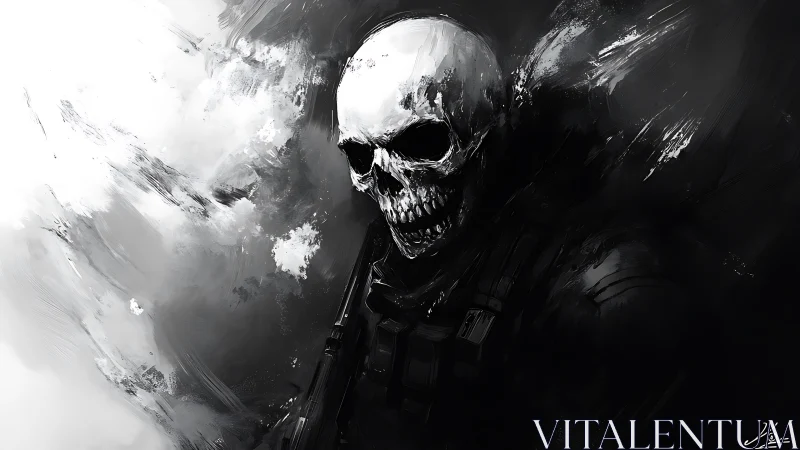 Skull-masked warrior emerges from swirling monochrome storm.
