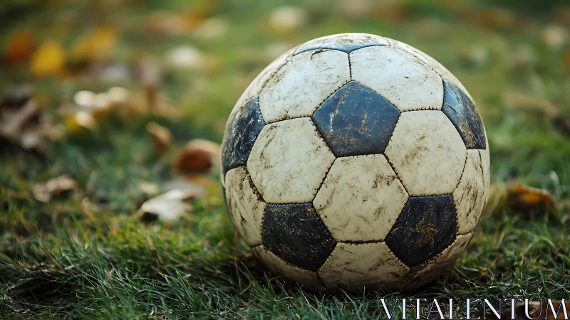 Weathered soccer ball on grass in shallow depth of field.