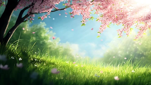 Radiant spring meadow under luminous cherry blossoms canopy.