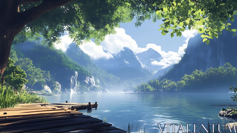 Sunlit mountain lake and wooden dock invite quiet reflection.